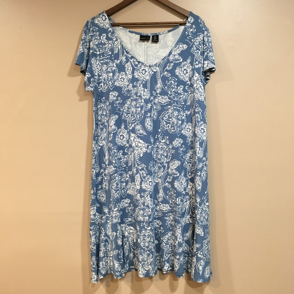 Rachel Zoe Floral Paisley Tiered Knit Dress Womens 1X Blue Boho Coastal Beachy